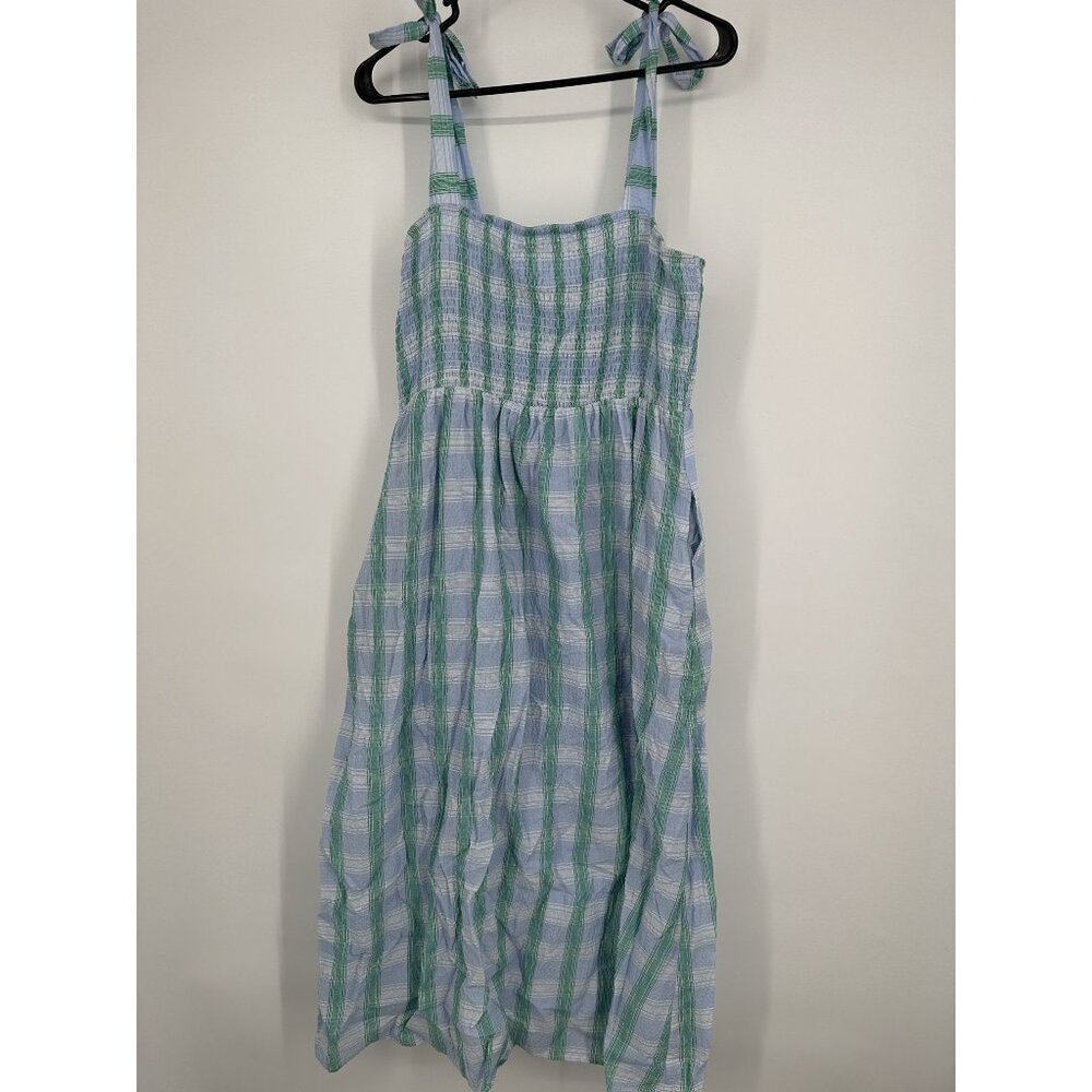 THML TEA PARTY MIDI DRESS Size Large Blue and white checkered smocked top